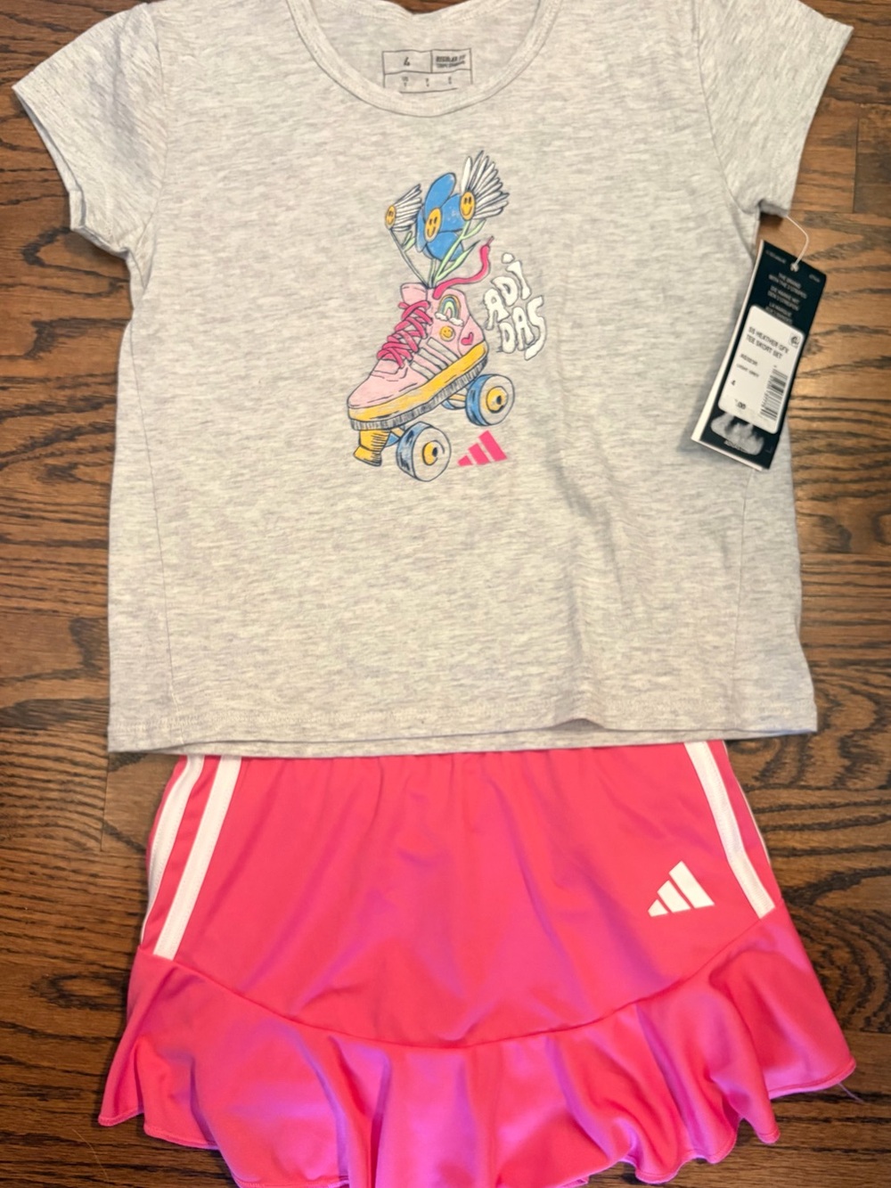 adidas Girls Heather Gray Tee with Pink Roller Skate Skort